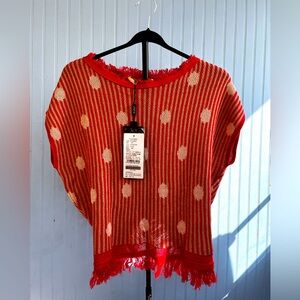 Summer print knitted fringed short-sleeved top